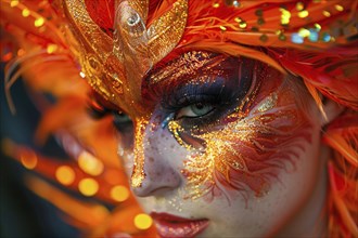 Close up of woman's face with Halloween phoenix bird costume makeup with feathers. Generative Ai,