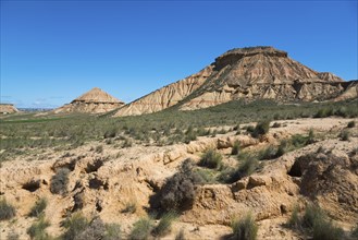 Vast desert landscape with barren hills under a bright blue sky and some grassy areas, Bardenas