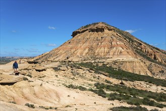 A man and a dog in a barren desert landscape run towards a large hill under a clear sky, Bardenas