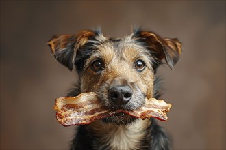 Portrait of dog holding slice of fried bacon in mouth. Generative Ai, AI generated