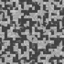 An abstract geometric pattern with black, white, and gray pixelated block shapes creating a