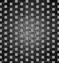 An optical illusion of gray squares on a black textured background creating a grid pattern