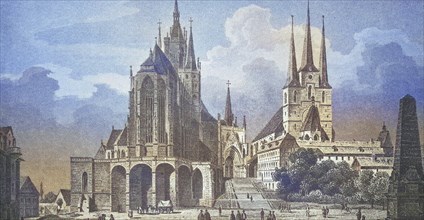 Historical view, 19th century, of the city of Erfurt with cathedral and St Severi church,