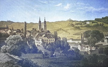 Historical view, 19th century, of the town of Plauen, Saxony, Germany, digitally restored