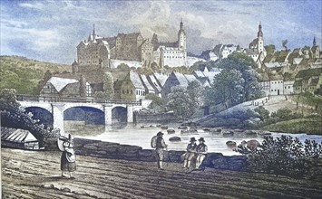 Historical view, 19th century, of the town of Colditz, Saxony, Germany, digitally restored