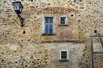 Upper town wall, brick wall with windows and wooden beams, Isny, Baden-Württemberg, Germany, Europe