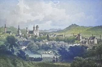 Historical view, 19th century, of the town of Zittau, Saxony, Germany, digitally restored