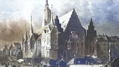 Historical view, 19th century, of the city and town hall of Wroclaw, formerly Silesia, Germany,