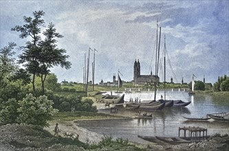 Historical view, 19th century, of the city of Magdeburg, Saxony-Anhalt, Germany, digitally restored