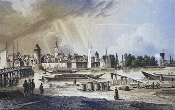 Historical view, 19th century, of the town of Spandau near Berlin, Germany, digitally restored