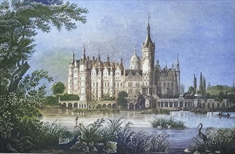 Historical view, 19th century, of the city and castle of Schwerin, Mecklenburg-Vorpommern, Germany,