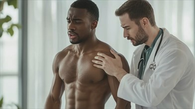 A concerned doctor examining the shoulder of a muscular patient in a clinical environment, AI