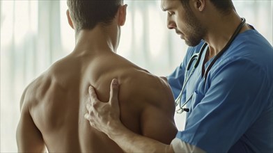 A doctor carefully examining a patient's back, highlighting attentive medical care, AI generated