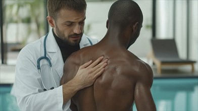 Doctor examining a patient's back in a clinical setting, showcasing care and professionalism, AI