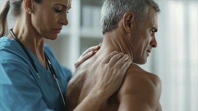 A medical professional attending to a patient's back, with a look of concern and focus on proper