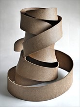 Curled textured brown ribbon standing in an abstract shape, AI generated