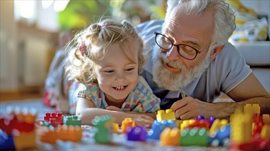 Grandfather and granddaughter playing with lego blocks on the floor, sharing smiles and enjoying