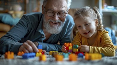 Grandfather and granddaughter happily building with lego blocks on the carpet in a comfortable