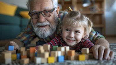 Grandfather and granddaughter smiling and playing with wooden blocks on a carpet in a cozy living