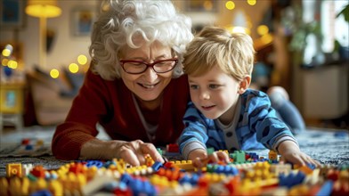 A joyful elderly woman and her grandson playing with colorful building blocks in a warmly lit room,