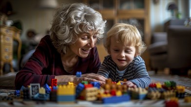 A cheerful grandmother and her grandson playing with building blocks in a warmly lit indoor