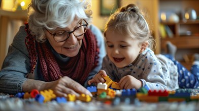 A loving grandmother and her granddaughter enjoying playtime with lego blocks in a warmly lit room,