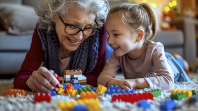 A smiling elderly woman and her young granddaughter playing with colorful blocks in a cozy living