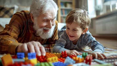 A grandfather and his grandson enjoying their time building structures with colorful blocks inside