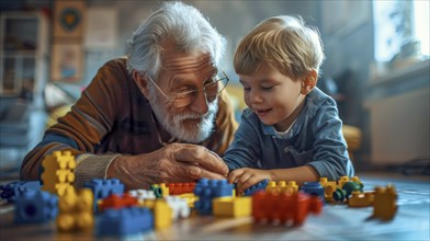 An elderly man with glasses and a young boy happily playing with building blocks indoors, AI