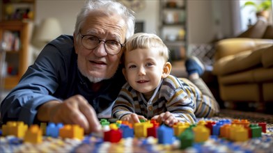 An elderly man and a young boy engaged in a fun activity with colorful blocks on the floor, AI