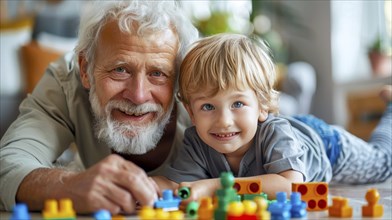 A grandfather and grandson joyfully playing with colorful building blocks indoors, AI generated