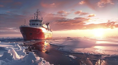 Icebreaker ship is sailing through the ocean, AI generated