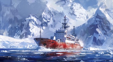 Icebreaker ship is sailing through the ocean, AI generated