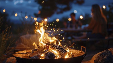 A man, a woman and a child are sitting around a fire. Campfire outdoor fun. Nature enjoyment, AI