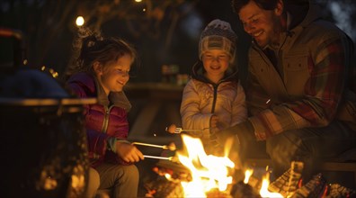 A man, a woman and a child are sitting around a fire. Campfire outdoor fun. Nature enjoyment, AI