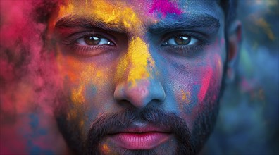 Indian man colored face portrait during Holi Hindu festival, AI generated