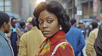 Vintage black woman standing on a sidewalk of a black neighborhood community, AI generated