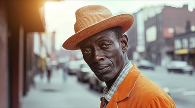 Vintage black man standing on a sidewalk of a black neighborhood community, AI generated