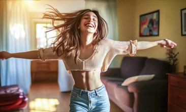 Young lady dancing at home. Concept of authentic unscripted expression of joy and happiness, AI
