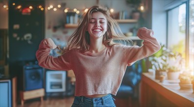 Young lady dancing at home. Concept of authentic unscripted expression of joy and happiness, AI