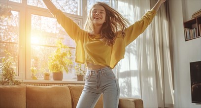 Young lady dancing at home. Concept of authentic unscripted expression of joy and happiness, AI
