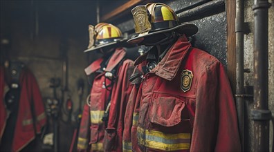 Fireman and first responders uniform at the fire station ready to extinguish fires, AI generated