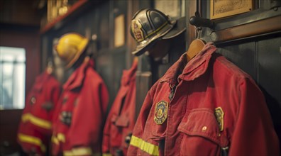 Fireman and first responders uniform at the fire station ready to extinguish fires, AI generated