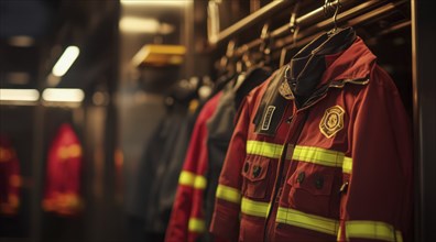 Fireman and first responders uniform at the fire station ready to extinguish fires, AI generated