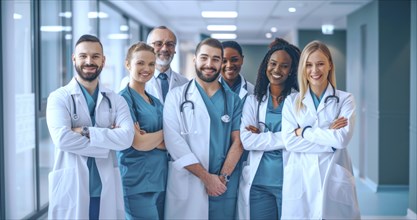 Team of diverse nurses and doctors in hospital providing excellent health care services, AI