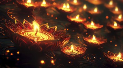 Indian woman sits in front of a lit candles during Diwali Hindu festival of lights, AI generated