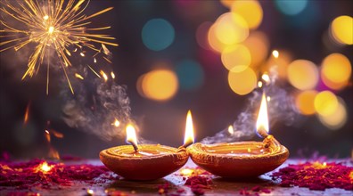 Indian woman sits in front of a lit candles during Diwali Hindu festival of lights, AI generated