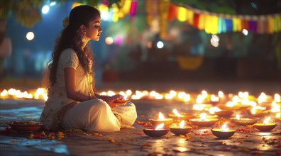 Indian woman sits in front of a lit candles during Diwali Hindu festival of lights, AI generated