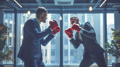 Two men in suits boxing in an office. A concept of corporate toxic environment and corporate greed,