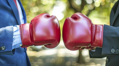 Two men in suits boxing in an office. A concept of corporate toxic environment and corporate greed,